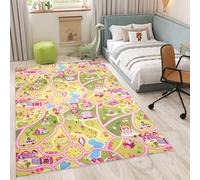 TAPISO Flannel Tappeto Gioco Bambini Stampato a Macchina Antiscivolo Lavabile Pelo Corto Design Moderno Morbido Città Strade Multicolore Rosa Giallo Cameretta Oeko-Tex 140 x 200 cm