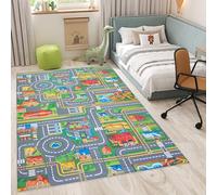 TAPISO Flannel Tappeto Gioco Bambini Stampato a Macchina Antiscivolo Lavabile Pelo Corto Design Moderno Morbido Città Strade Multicolore Verde Grigio Cameretta Oeko-Tex 160 x 230 cm