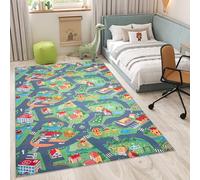 TAPISO Flannel Tappeto Gioco Bambini Stampato a Macchina Antiscivolo Lavabile Pelo Corto Design Moderno Morbido Città Strade Multicolore Grigio Verde Cameretta Oeko-Tex 80 x 150 cm