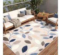 TAPISO Tappeto da Patio Esterno Interno Terrazza Balcone Giardino d'Inverno Cucina Soggiorno Moderno Beige Blu Foglie Grigie Look 3D Resistente agli Agenti Atmosferici OEKO-TEX 120 x 170 cm