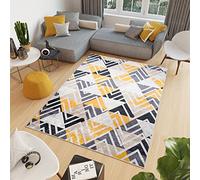 TAPISO Toscana Tappeto Soggiorno Salotto Sala Camera Letto Moderno Glamour Geometrico Triangoli Zig-Zag Grigio Giallo Pelo Corto Stampato Antiscivolo 140 x 200 cm
