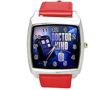 Taport® Dr Who quarzo Orologio da sci FI E2 rosso in vera pelle Band