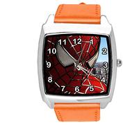 Taport® Orologio al quarzo arancione cinturino in pelle rotonda per fan di Spiderman E1