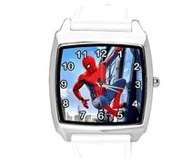 Taport® Orologio al quarzo con cinturino in pelle bianca rotondo per fan di Spiderman E2