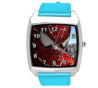 Taport® Orologio al quarzo con cinturino in pelle blu quadrato per gli appassionati di Spiderman E1