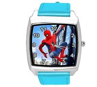 Taport® Orologio al quarzo con cinturino in pelle blu quadrato per gli appassionati di Spiderman E2