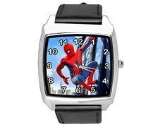 Taport® Orologio al quarzo con cinturino in pelle nera quadrato per gli appassionati di Spiderman E2