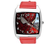 Taport® Orologio al quarzo con cinturino in pelle rosso quadrato per gli appassionati di Spiderman E1