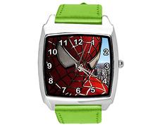 Taport® Orologio al quarzo con cinturino in pelle verde rotondo per fan di Spiderman E1