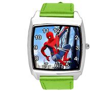 Taport® Orologio al quarzo con cinturino in pelle verde rotondo per fan di Spiderman E2
