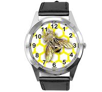 Taport® Orologio al quarzo rotondo in pelle nera per gli appassionati di api