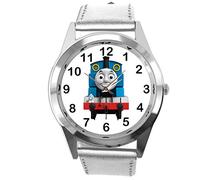 Taport® Orologio analogico al quarzo con cinturino in vera pelle argentato rotondo per fan del trenino Thomas