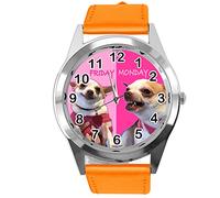 Taport® Orologio rotondo al quarzo in pelle arancione lunedì venerdì divertente Chihuahua