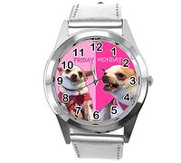 Taport Orologio rotondo al quarzo in pelle argento lunedi venerdi divertente Chihuahua