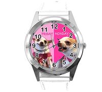 Taport Orologio rotondo al quarzo in pelle bianca lunedi venerdi divertente Chihuahua