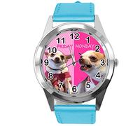 Taport® Orologio rotondo al quarzo in pelle blu lunedì venerdì divertente Chihuahua