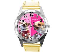 Taport Orologio rotondo al quarzo in pelle dorata lunedi venerdi divertente Chihuahua