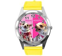 Taport Orologio rotondo al quarzo in pelle gialla lunedi venerdi Fun Chihuahua
