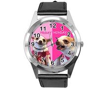 Taport® Orologio rotondo al quarzo in pelle nera lunedì venerdì divertente Chihuahua