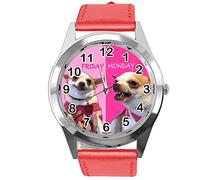 Taport Orologio rotondo al quarzo in pelle rossa lunedi venerdi Fun Chihuahua