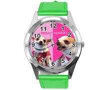 Taport Orologio rotondo al quarzo in pelle verde lunedi venerdi divertente Chihuahua