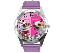 Taport Orologio rotondo al quarzo in pelle viola lunedi venerdi divertente Chihuahua
