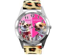 Taport® Orologio rotondo in pelle con stampa leopardata lunedì venerdì divertente Chihuahua