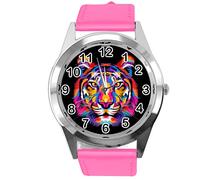 TAPORT Orologio rotondo in pelle rosa caldo per Tiger Fans E2, Hot Pink