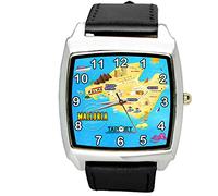Taport® Spagna Mallorca Island quarzo Orologio quadrato nero in vera pelle Band