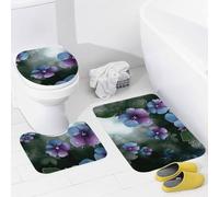 Tappeti Bagno 3 Pezzi,Blue Purple Flowers and Green Leaves Asciugatura Rapida Copertura per WC Antiscivolo Tappetino girowater a Forma di U per Bagno WC Docce