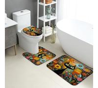 Tappeti Bagno 3 Pezzi,Colorful Cat Fanciful Flowers Spring Artistic Pelosi Copertura per WC Asciugatura Rapida Tappetino girowater a Forma di U per Vasche Docce WC