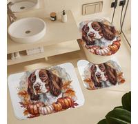 Tappeti Bagno 3 Pezzi,Fall Welsh Springer Spaniel Dog Pumpkins Maple Leaves Comodi Tappetini Per WC Morbido Tappetino a Forma di U per WC Docce Vasche
