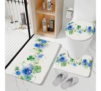 Tappeti Bagno 3 Pezzi Fiori Blu Verde Tappeto Doccia Antiscivolo Schiuma Memoria Lavabile Coperchio Igienico Asciugatura Rapida Tappetino Bagno Assorbente 50x80 cm