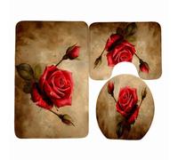 Tappeti Bagno 3 Pezzi Fiori Rosso Marroni Tappeto Doccia Antiscivolo Schiuma Memoria Lavabile Coperchio Igienico Asciugatura Rapida Tappetino Bagno Assorbente 50x80 cm