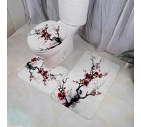 Tappeti Bagno 3 Pezzi Fiori Rosso Neri Tappeto Doccia Antiscivolo Schiuma Memoria Lavabile Coperchio Igienico Asciugatura Rapida Tappetino Bagno Assorbente 50x80 cm