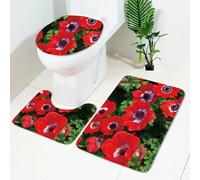 Tappeti Bagno 3 Pezzi Fiori Verdi Rosso Tappeto Doccia Antiscivolo Schiuma Memoria Lavabile Coperchio Igienico Asciugatura Rapida Tappetino Bagno Assorbente 50x80 cm