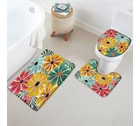 Tappeti Bagno 3 Pezzi,Flowers Colorful Flower Tropics Plants Boho Modern Lavabili Copertura per WC Antiscivolo Tappeto a Forma di U per Vasche Bagno WC