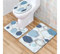 Tappeti Bagno 3 Pezzi Geometria Blu Set Tappetini Bagno Antiscivolo Giro Water O Bidet Un Tappeto Rettangolare Tappeto A Forma Di U E Coperchio Del Wc Lavabile
