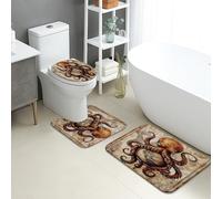 Tappeti Bagno 3 Pezzi,Nautical Vintage Octopus Map Marine Art Morbido Coperchio del WC Lavabili Tappetino girowater a Forma di U per Bagno Vasche WC