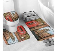 Tappeti Bagno 3 Pezzi,Red Telephone Booth Big Ben England Building Old Street Asciugatura Rapida Coperchio del WC Traspiranti Tappetino girowater a Forma di U per Bagno Vasche Docce