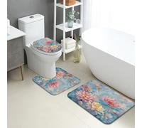 Tappeti Bagno 3 Pezzi,Summer Flowers Dragonfly Water Lily Vibrant Antiscivolo Copertura per WC Lavabili Tappetino girowater a Forma di U per Bagno WC Docce