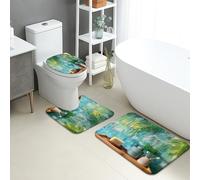 Tappeti Bagno 3 Pezzi,Tropical Abstract Blue Green Leaves Summer Pelosi Coperchio del WC Comodi Tappetino girowater a Forma di U per Vasche WC Docce