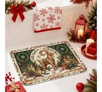 Tappeti da bagno tradizionali invernali con capra natalizia e decorazioni | Tappeto da bagno a tema animale, con dettagli in pino e agrifoglio, bordo decorato tradizionale, decorazione stagionale per