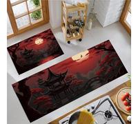 Tappeti E Tappetini Da Cucina Architettura Tramonto Orientale Scarlatto, 2 Pezzi, Lavabile Antiscivolo Anti-Affaticamento, Tappetino Da Cucina Paesaggio Giapponese Per Lavello Ufficio, 44X75+44X120Cm
