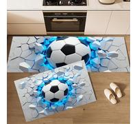 Tappeti E Tappetini Da Cucina Calcio 3D Che Rompe I Muri Blu Bianco, 2 Pezzi, Lavabile Antiscivolo Anti-Affaticamento, Tappetino Da Cucina Tema Sportivo Moderno Per Lavello Ufficio, 44X75+44X120Cm