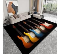 Tappeti lavabili per soggiorno 80 x 150cm Chitarra elettrica colorata cultura musicale, tappeti morbidi a pelo corto per camera da letto - tappeto soffice per la cameretta dei bambini, Nero