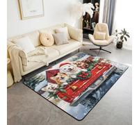 Tappeti per area con cani carini, tappeto antiscivolo retrò con camion rosso, decorazione natalizia per interni, tappeto da ingresso, paesaggio invernale con neve, decorazione per casa, soggiorno e