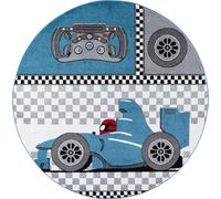 Tappeti per Bambini, Colore Blu, Progettazione di Auto da Corsa, 111330, Tappeto Rotondo, Tappeti Camera dei Bambini, 160 cm Rotondo