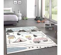 Tappeti per Bambini da Gioco Tenda Indiana Orso Abeti Grigio Crema Rosa - Resistente Größe 140x200 cm