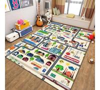 Tappeti per Cameretta dei Bambini Beige Blu Game Zone City Village Cars Street Tappeto Gioco Decorazione per Sala Giochi Tappetini Antiscivolo Passatoia Bedside Carpet Runners, 100x120 cm, Color 5